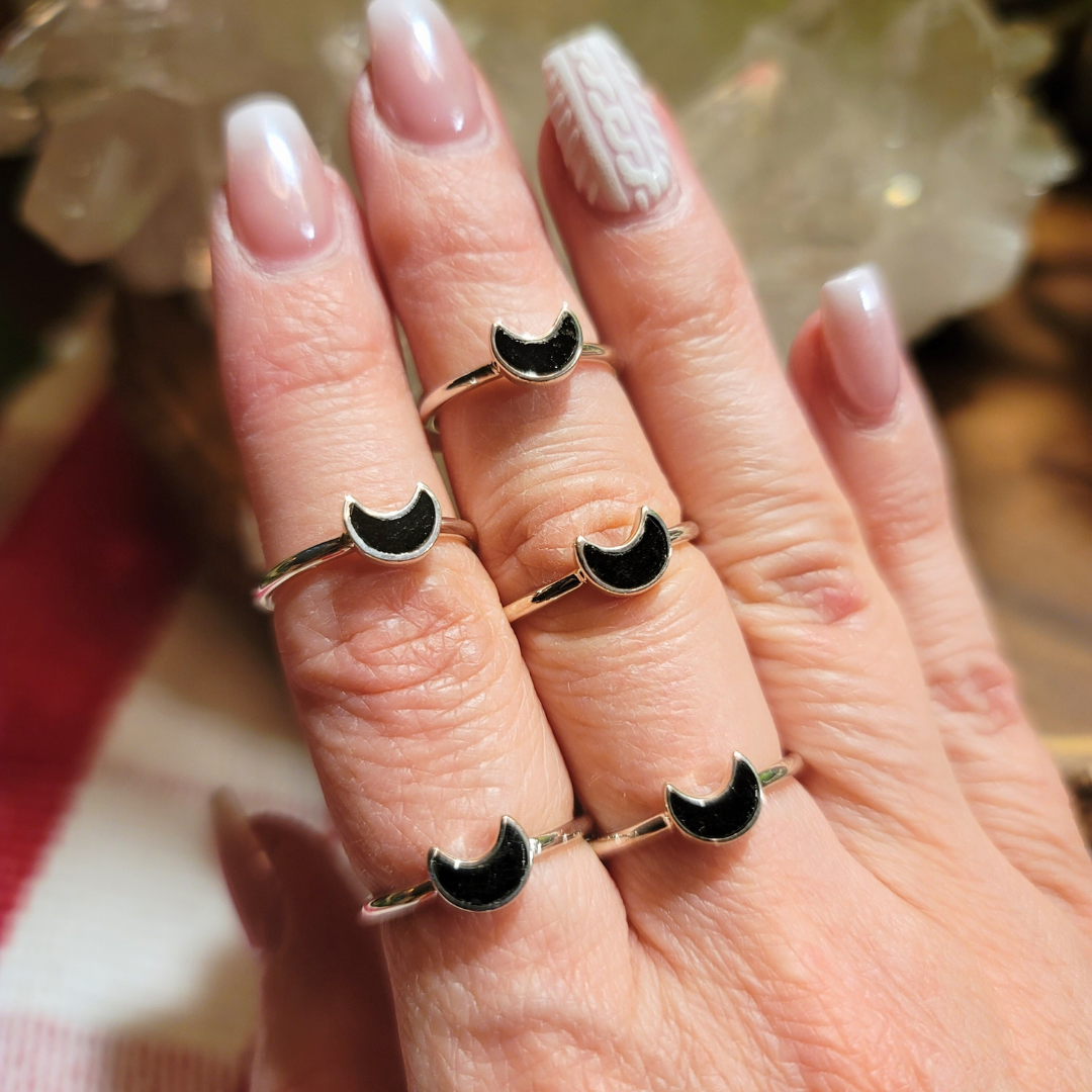 Black Tourmaline Crescent Moon Stacker Ring || .925 Sterling Silver - sizes 4-10