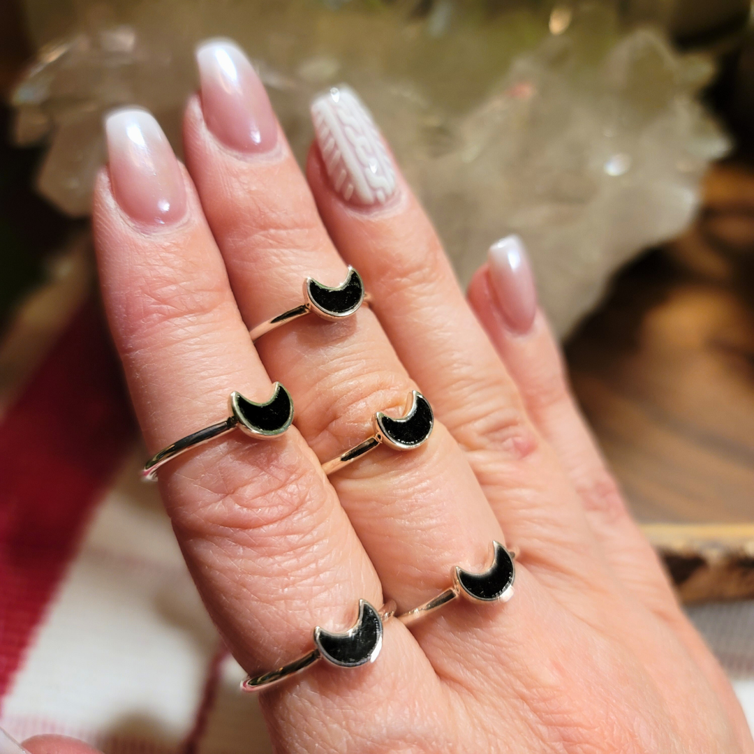 Black Tourmaline Crescent Moon Stacker Ring || .925 Sterling Silver - sizes 4-10