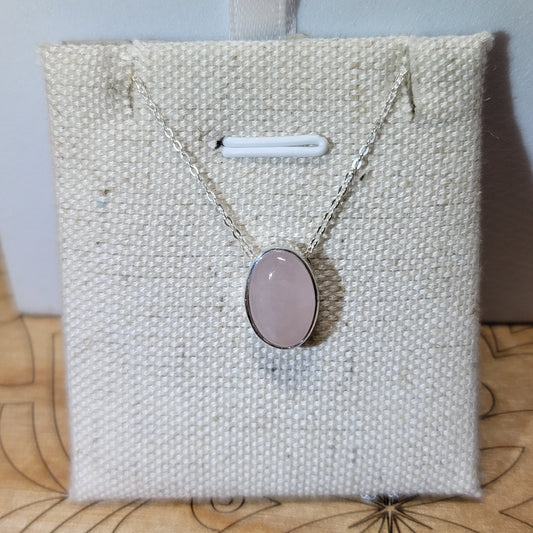 Rose Quartz Polished Oval Pendant 003 | .925 Sterling Silver, Box Chain